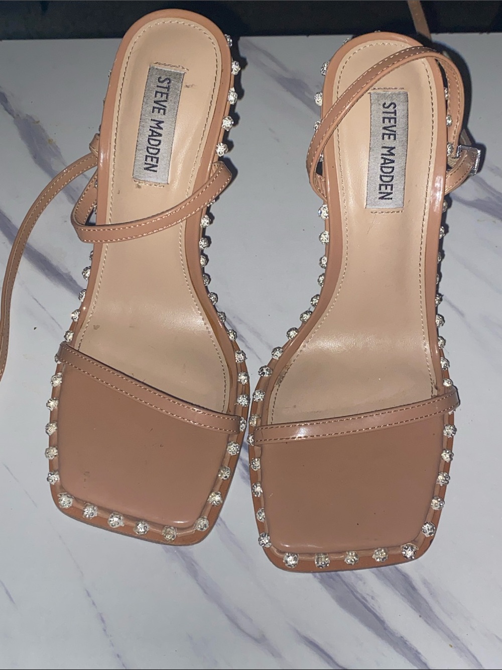 Steve Madden Neutral Tan Rhinestone-Trim Square Toe Heels